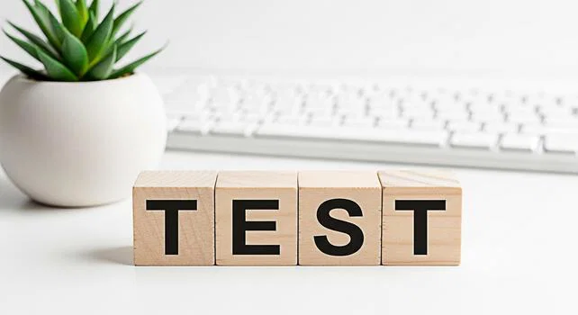 test-block-on-a-desk-with-a-keyboard-and-a-plant-free-photo